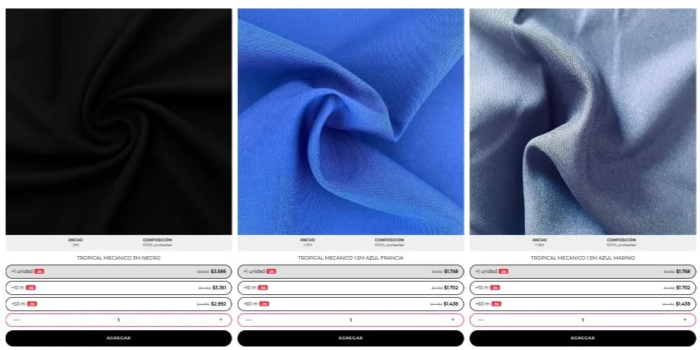 Productos de TextilMarket con precios y descuentos por metro