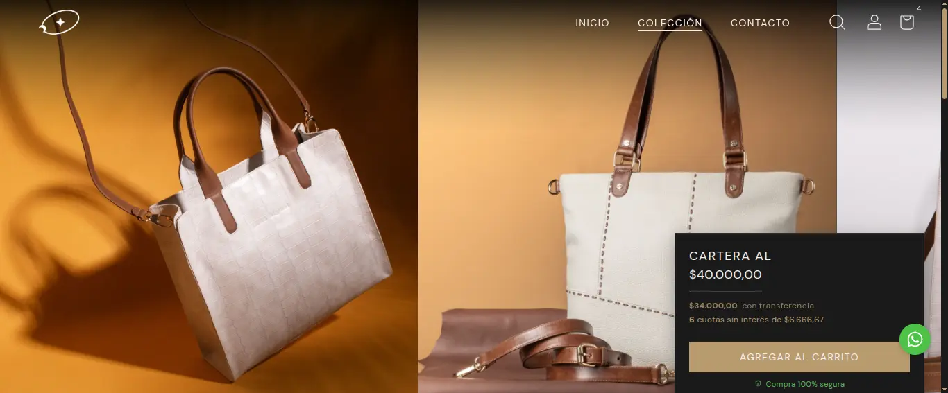Ficha de producto de Perigeo: la cartera, el precio, las cuotas y el botón de compra, con el mismo diseño minimalista