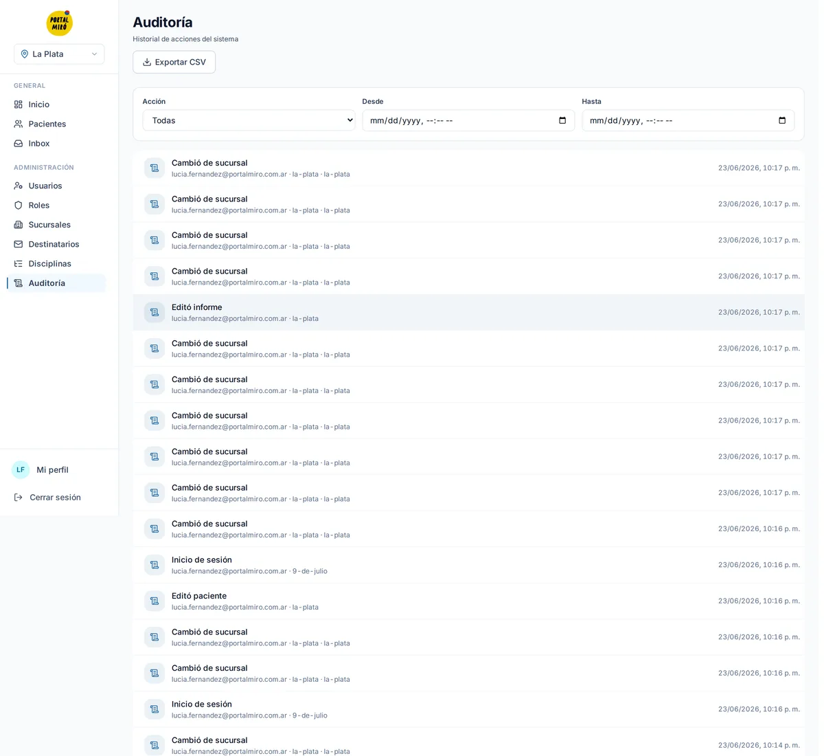 Registro de auditoría del sistema de Portal Miró con el historial de acciones