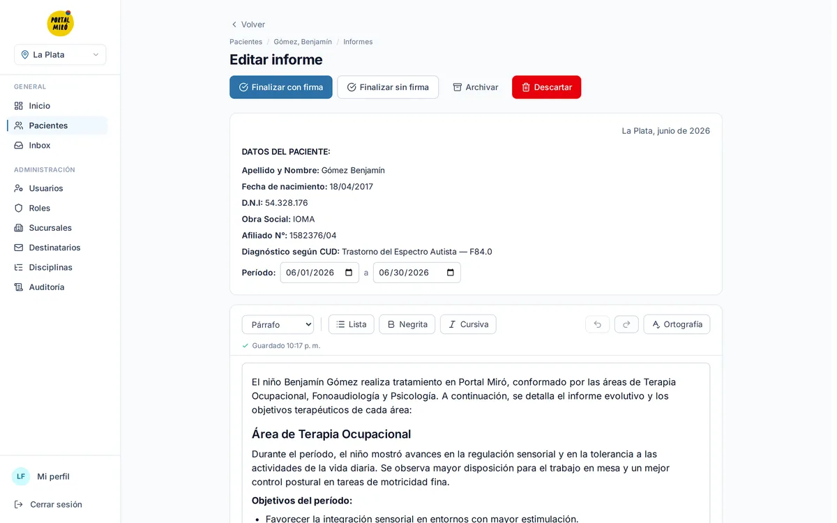 Editor de informes del sistema de Portal Miró con autoguardado y firma electrónica (datos de prueba)