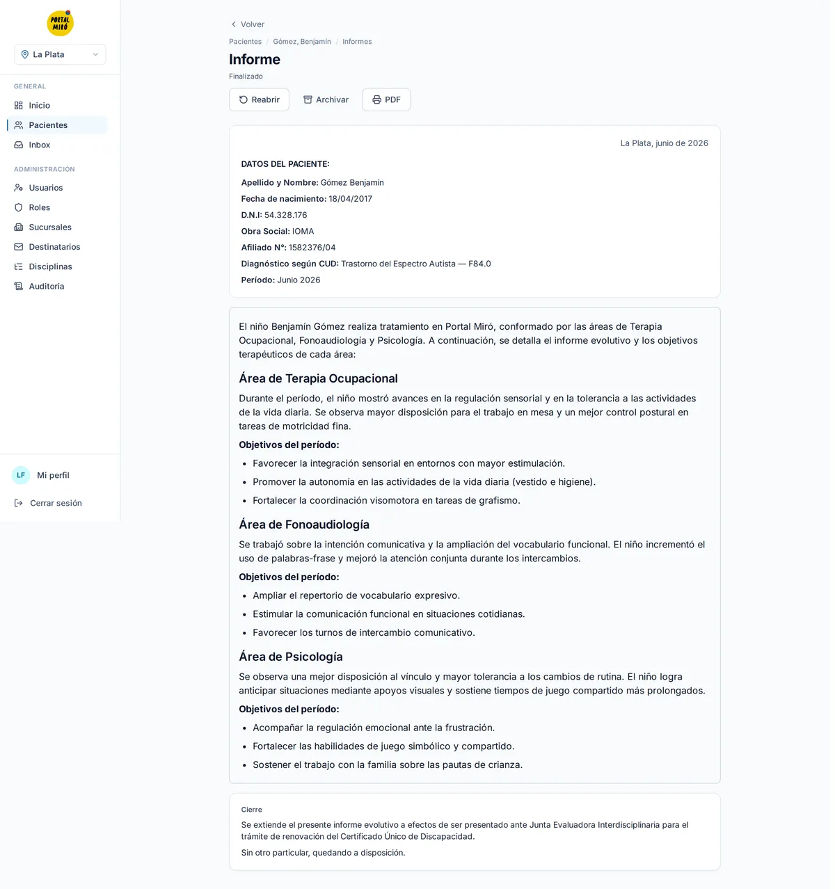 Informe evolutivo finalizado en el sistema de Portal Miró, con datos de paciente, áreas por disciplina y cierre para la Junta Evaluadora del CUD (datos de prueba)