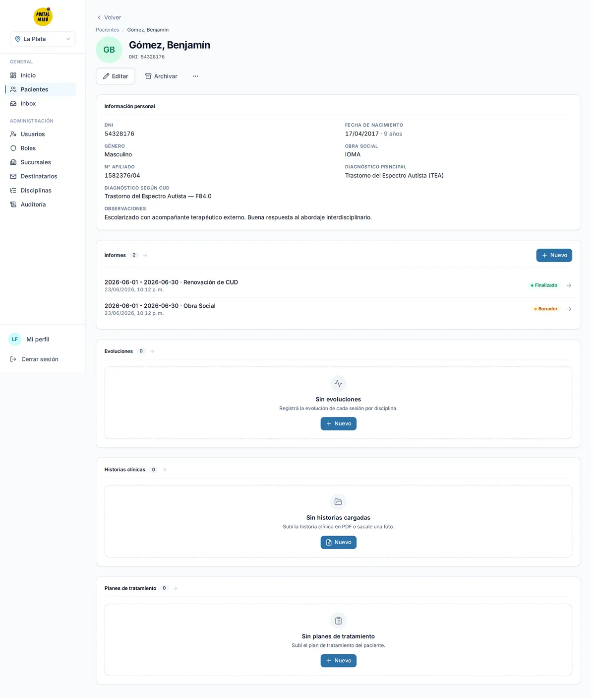 Ficha de un paciente en el sistema de Portal Miró con datos, cobertura y diagnóstico (datos de prueba)