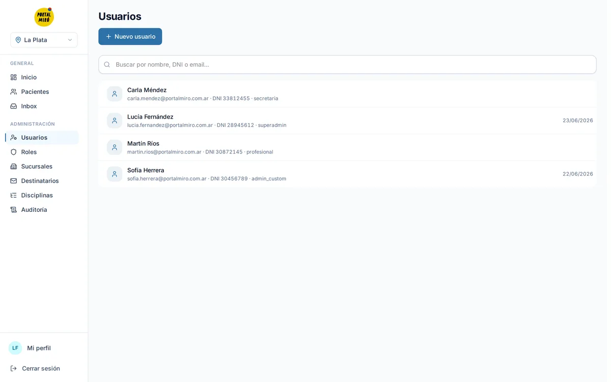 Administración de usuarios y roles en el sistema de Portal Miró