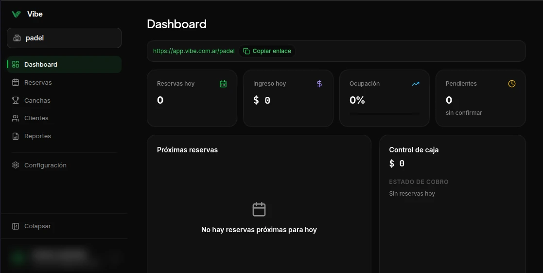 Panel de Vibe con reservas, ingreso y control de caja
